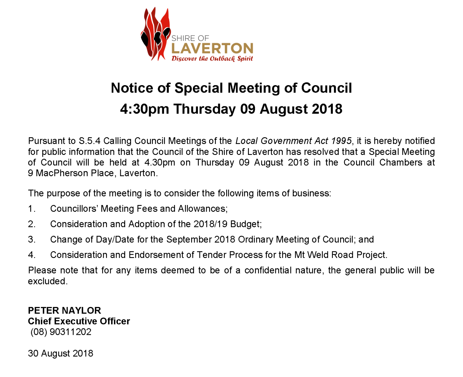 Special Meeting of Council 09 August 2018
