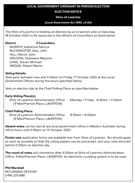 Local Government Ordinary In-Person Election Notice
