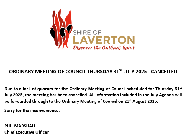 Ordinary Meeting of Council 31st July 2025 - Cancelled